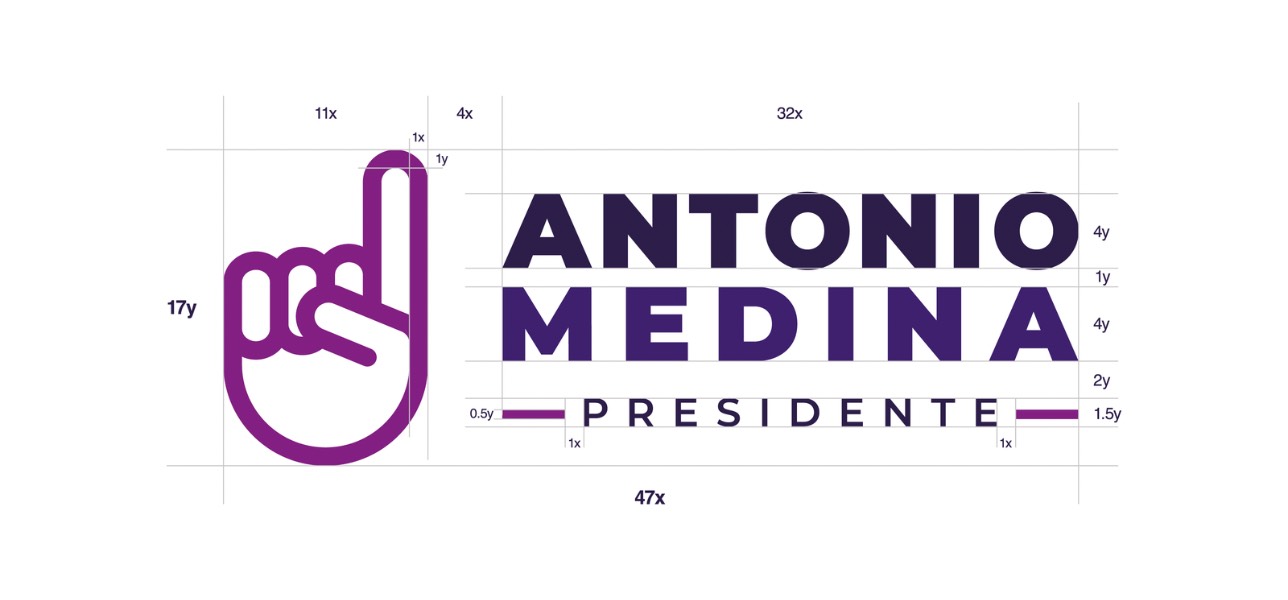 Construcción con retícula de la marca Antonio Medina Presidente en morado.