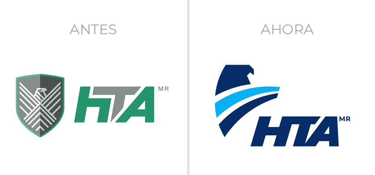 Comparación de la marca anterior de HTA con el logotipo rediseñado en azul.