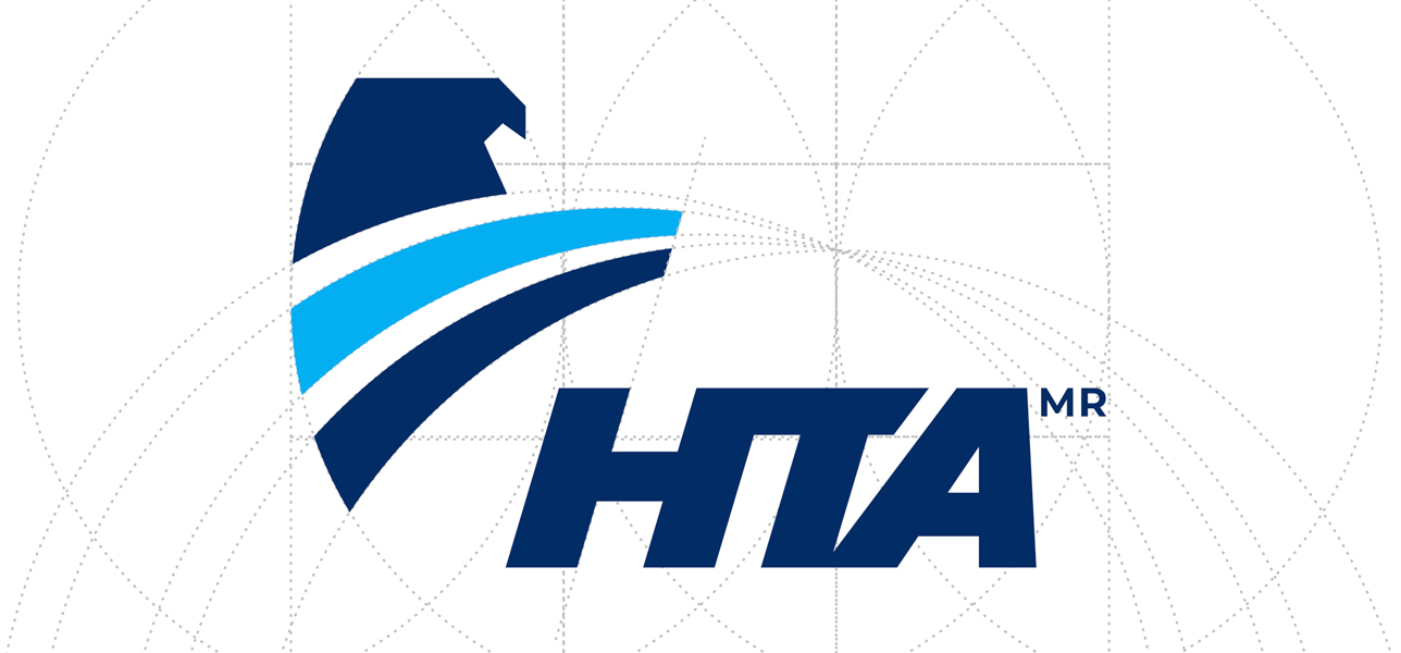 Construcción del símbolo y logotipo de HTA sobre una retícula de curvas y líneas guía.
