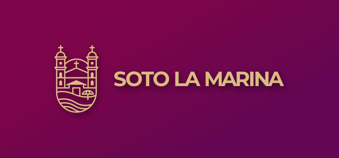 Versión dorada del símbolo y nombre Soto la Marina sobre fondo morado.