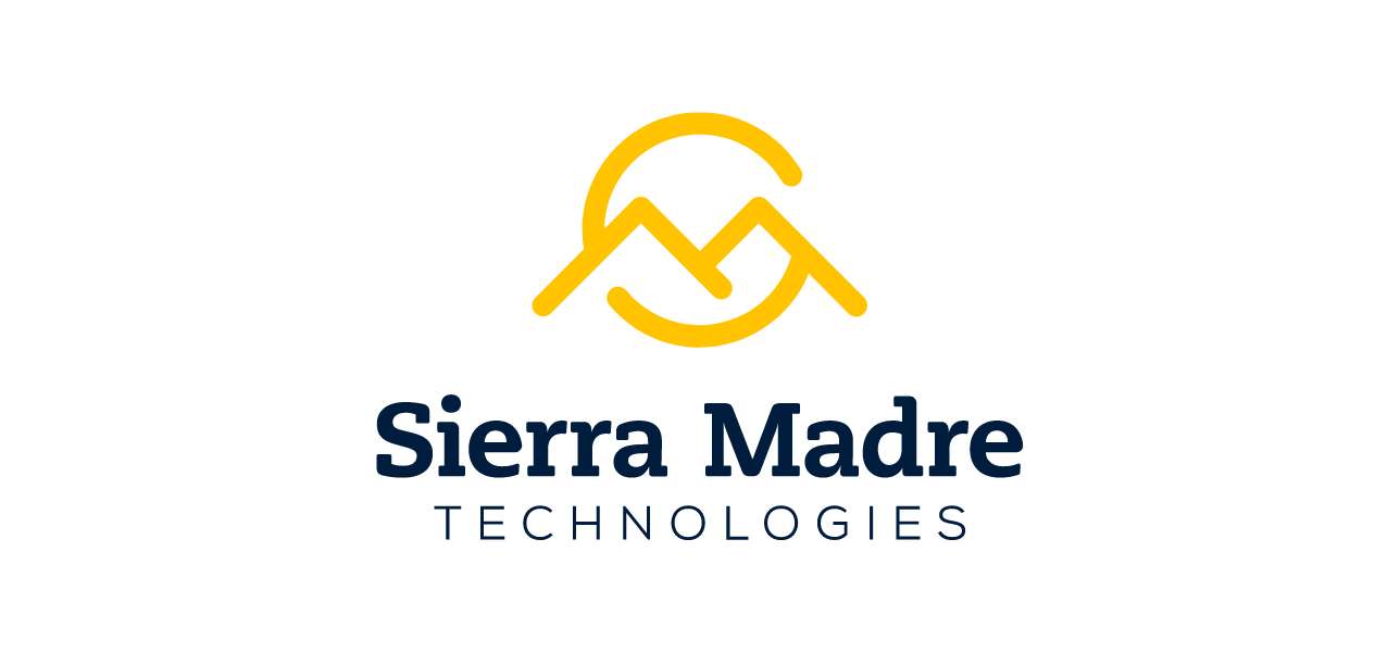 Marca Sierra Madre Technologies con símbolo amarillo de montaña y círculo sobre el nombre en azul.